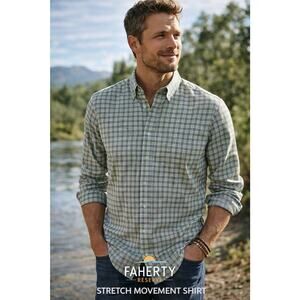 Faherty Movement Shirt Mens XXL Green Plaid Golf Stretch Button Down NWT